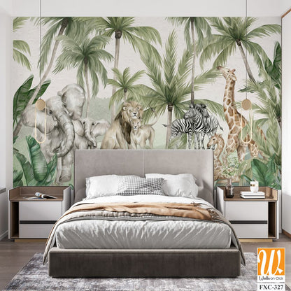Watercolor jungle-themed wallpaper with animals [WP-FXC-327]