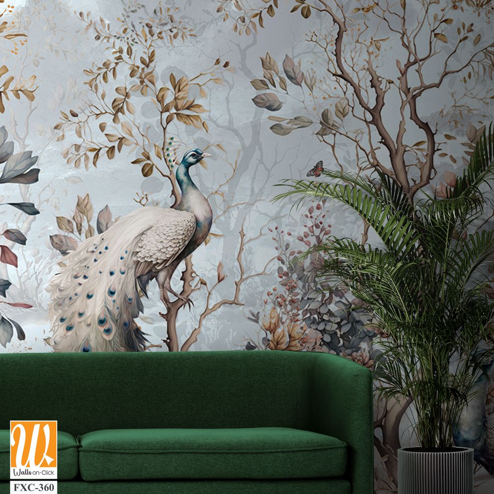 Chinoiserie mural with peacocks and trees Wallpaper [WP-FXC-360]