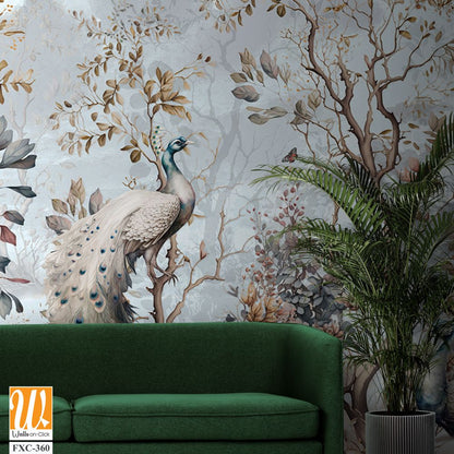 Chinoiserie mural with peacocks and trees Wallpaper [WP-FXC-360]