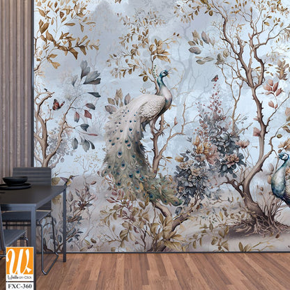 Chinoiserie mural with peacocks and trees Wallpaper [WP-FXC-360]
