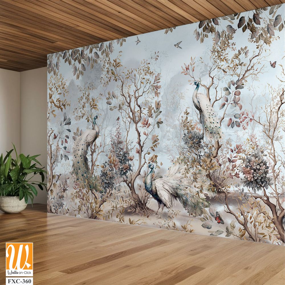 Chinoiserie mural with peacocks and trees Wallpaper [WP-FXC-360]