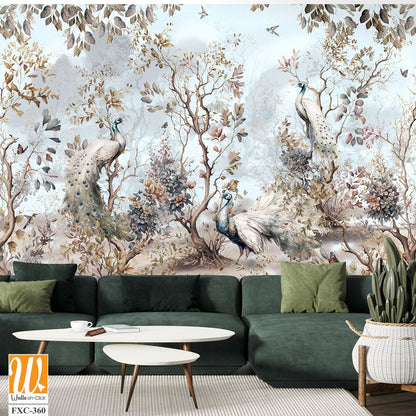 Chinoiserie mural with peacocks and trees Wallpaper [WP-FXC-360]