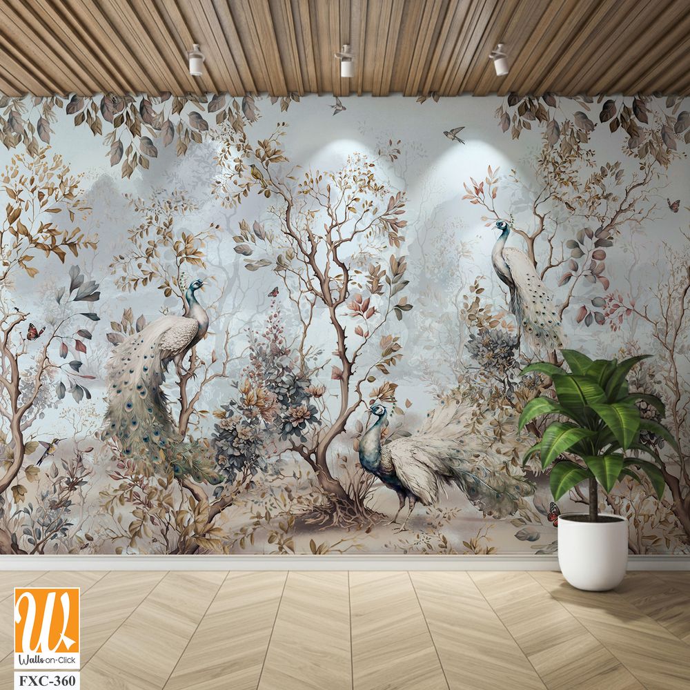 Chinoiserie mural with peacocks and trees Wallpaper [WP-FXC-360]