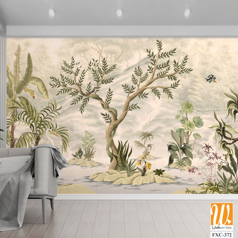 Chinoiserie wallpaper mural, depicting an exotic jungle scene [WP-FXC-372]