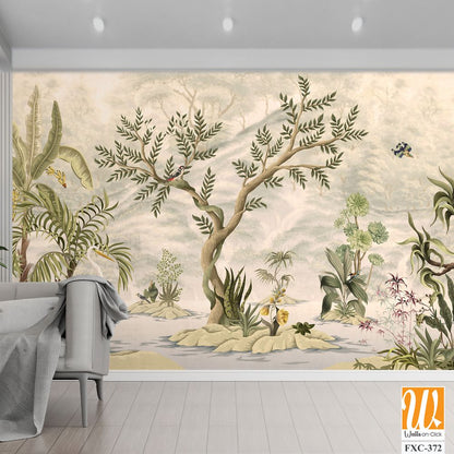 Chinoiserie wallpaper mural, depicting an exotic jungle scene [WP-FXC-372]