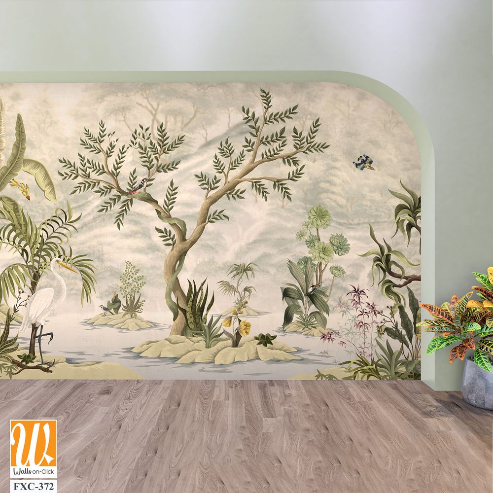 Chinoiserie wallpaper mural, depicting an exotic jungle scene [WP-FXC-372]