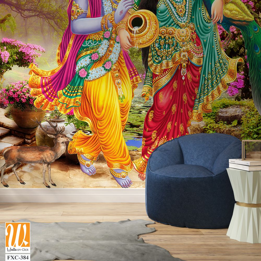 Lord Krishna and the goddess Radha in a peacock garden Wallpaper [WP-FXC-384]