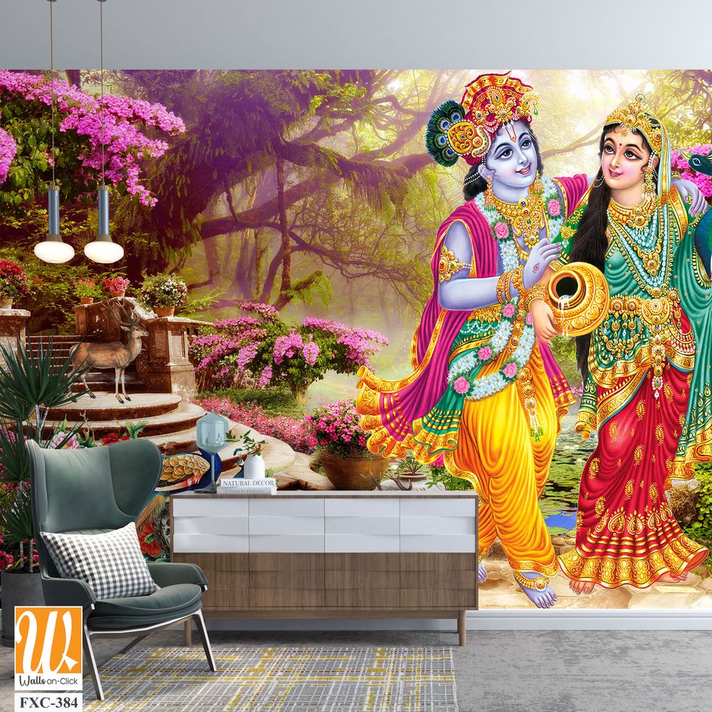 Lord Krishna and the goddess Radha in a peacock garden Wallpaper [WP-FXC-384]
