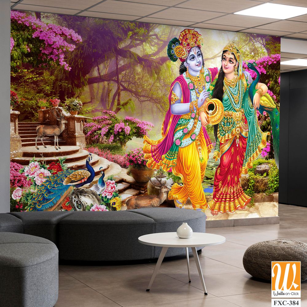 Lord Krishna and the goddess Radha in a peacock garden Wallpaper [WP-FXC-384]