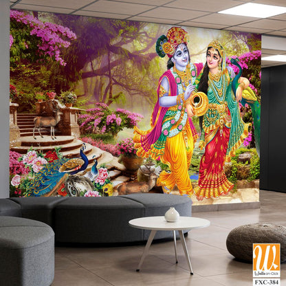 Lord Krishna and the goddess Radha in a peacock garden Wallpaper [WP-FXC-384]