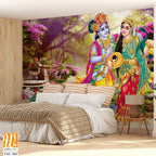 Lord Krishna and the goddess Radha in a peacock garden Wallpaper [WP-FXC-384]