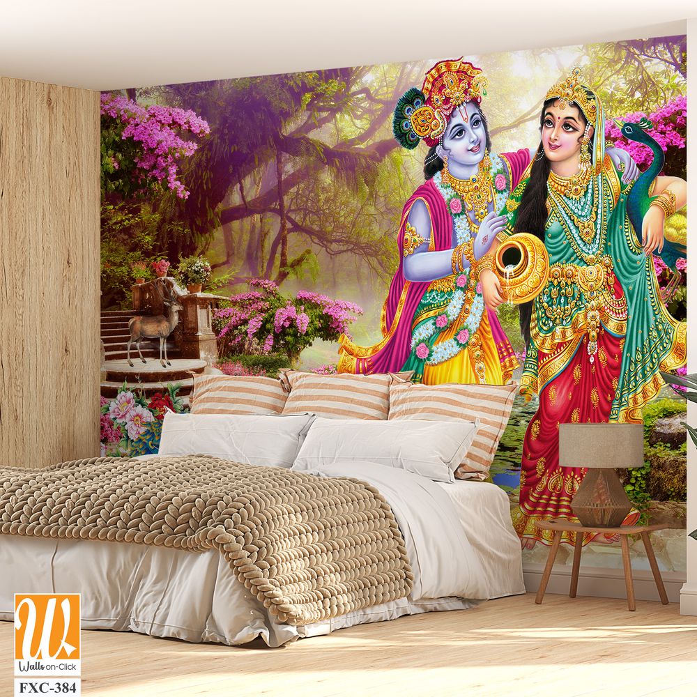 Lord Krishna and the goddess Radha in a peacock garden Wallpaper [WP-FXC-384]
