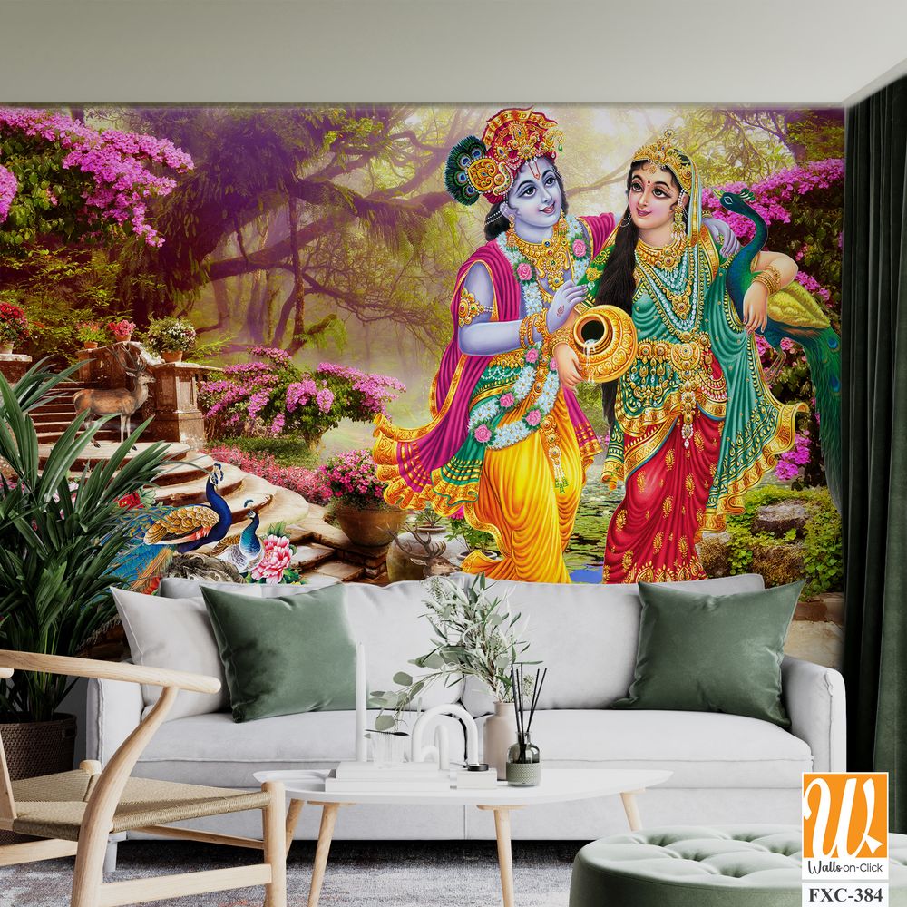 Lord Krishna and the goddess Radha in a peacock garden Wallpaper [WP-FXC-384]