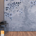 White and blue floral-patterned wallpaper with an ethereal background [WP-FXC-389]