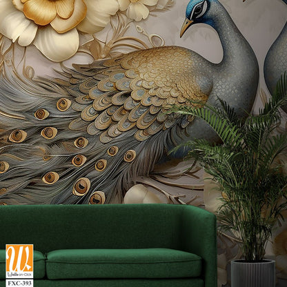 3d wallpaper, peacock birds with flowers in fantasy art style painting [WP-FXC-393]