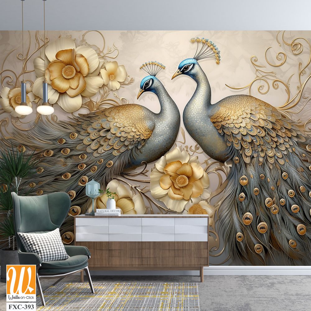 3d wallpaper, peacock birds with flowers in fantasy art style painting [WP-FXC-393]