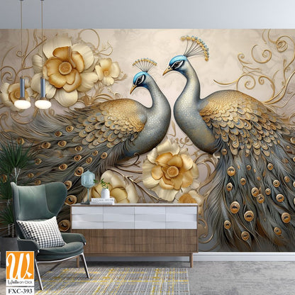 3d wallpaper, peacock birds with flowers in fantasy art style painting [WP-FXC-393]
