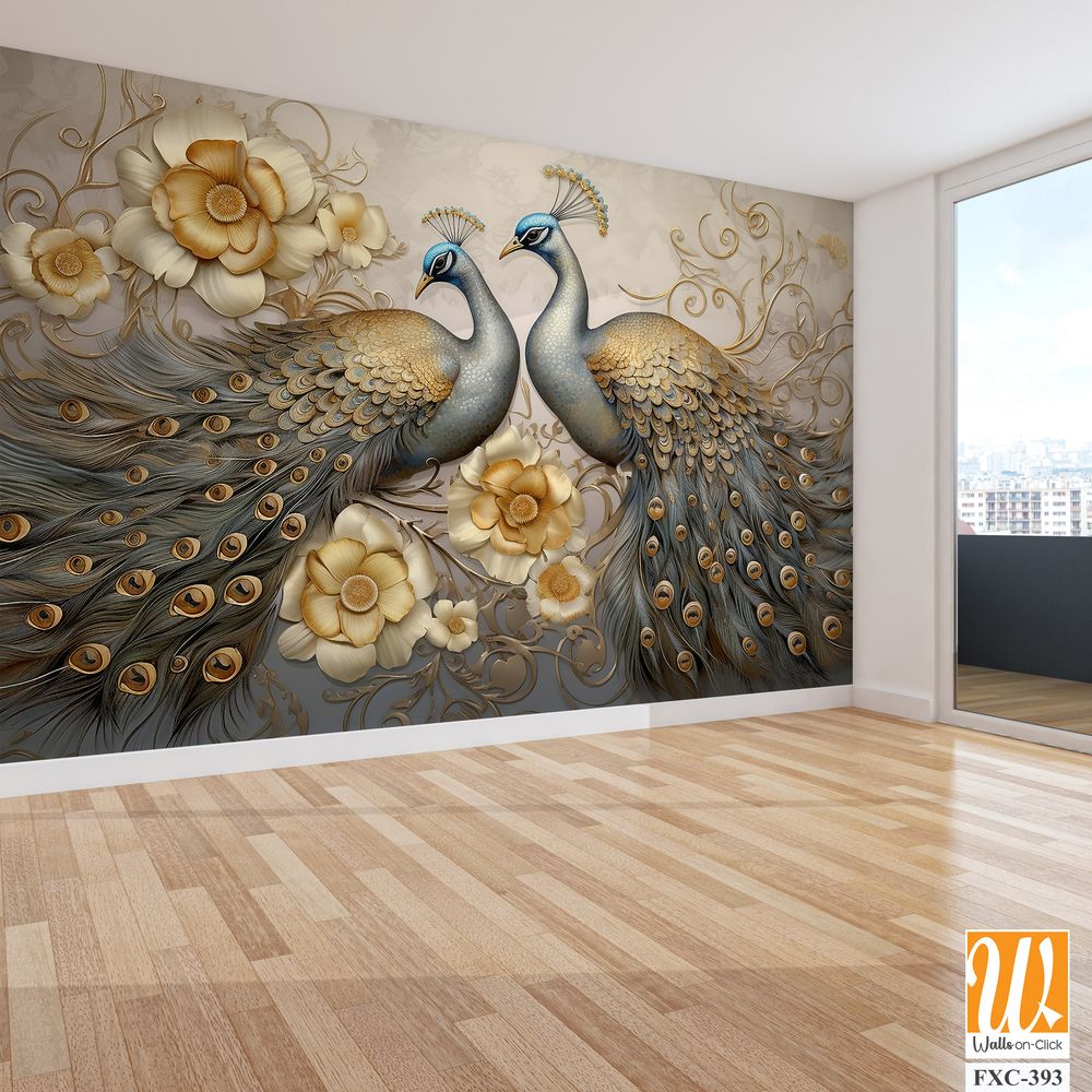 3d wallpaper, peacock birds with flowers in fantasy art style painting [WP-FXC-393]