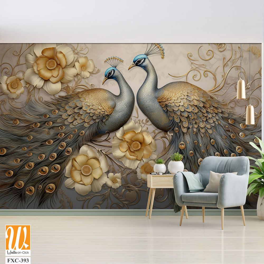 3d wallpaper, peacock birds with flowers in fantasy art style painting [WP-FXC-393]