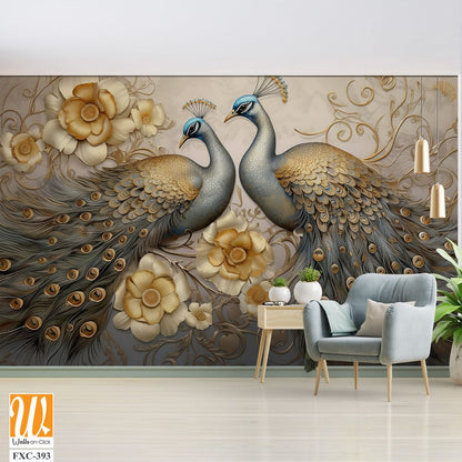 3d wallpaper, peacock birds with flowers in fantasy art style painting [WP-FXC-393]