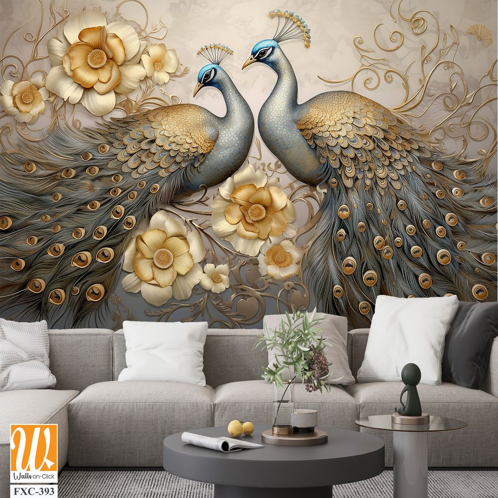 3d wallpaper, peacock birds with flowers in fantasy art style painting [WP-FXC-393]