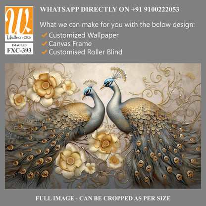 3d wallpaper, peacock birds with flowers in fantasy art style painting [WP-FXC-393]