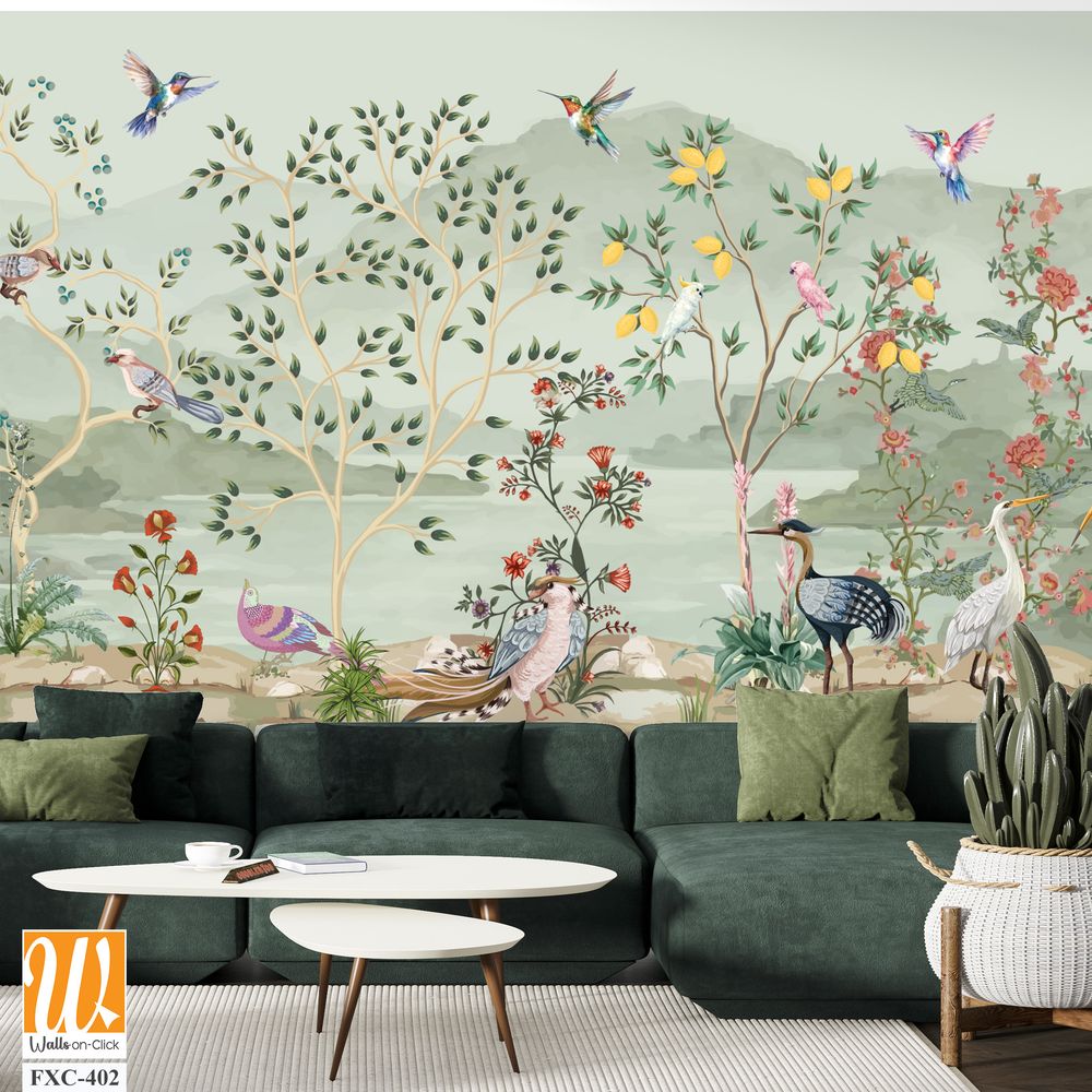 Vintage French garden decor chinois new classical vector illustration for wallpaper print, Bird, Watercolor Background. [WP-FXC-402]