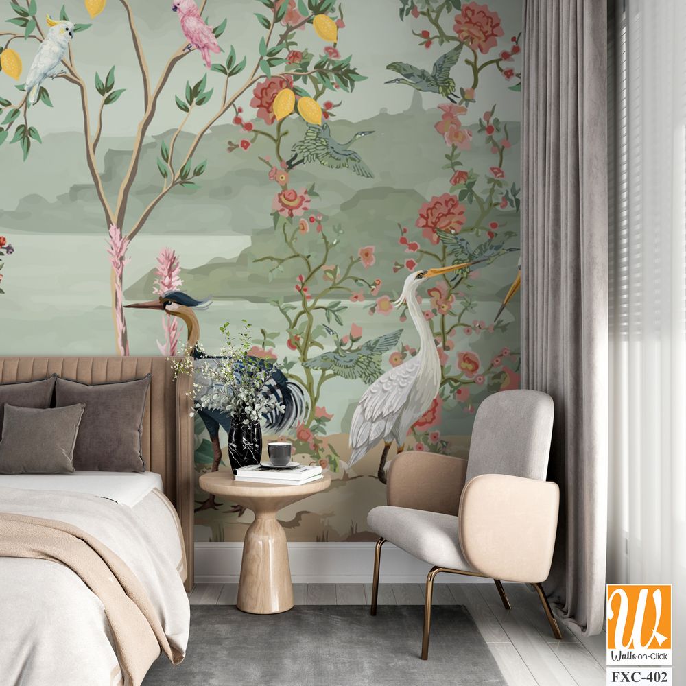Vintage French garden decor chinois new classical vector illustration for wallpaper print, Bird, Watercolor Background. [WP-FXC-402]