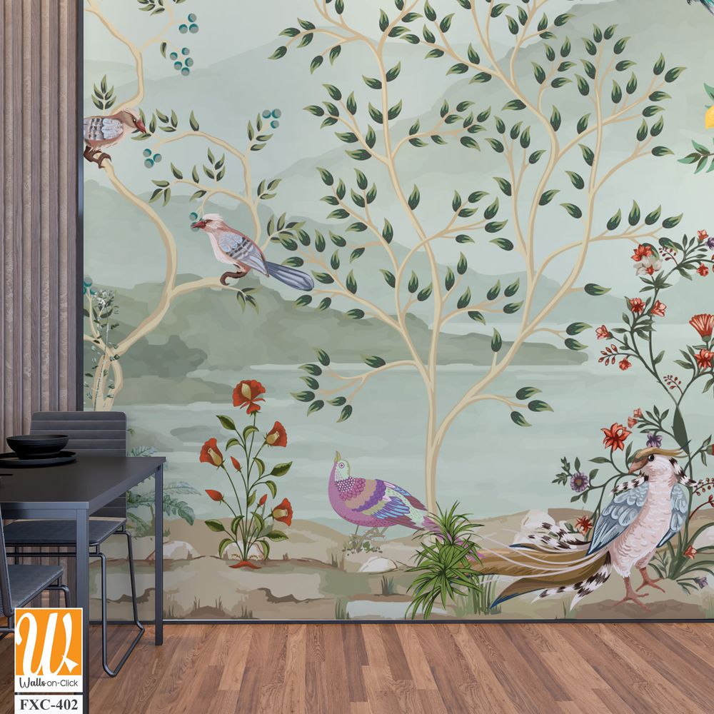 Vintage French garden decor chinois new classical vector illustration for wallpaper print, Bird, Watercolor Background. [WP-FXC-402]