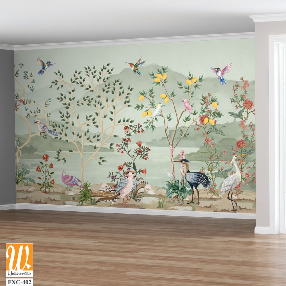 Vintage French garden decor chinois new classical vector illustration for wallpaper print, Bird, Watercolor Background. [WP-FXC-402]
