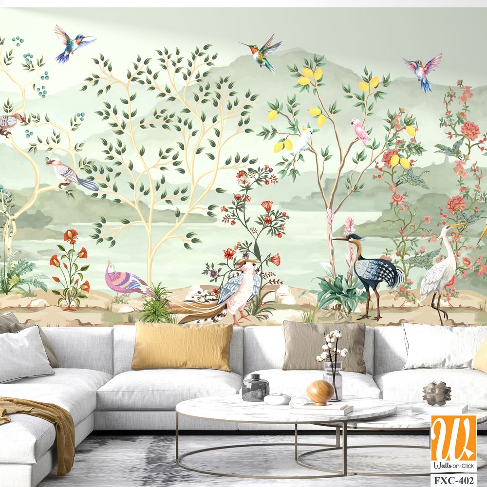 Vintage French garden decor chinois new classical vector illustration for wallpaper print, Bird, Watercolor Background. [WP-FXC-402]