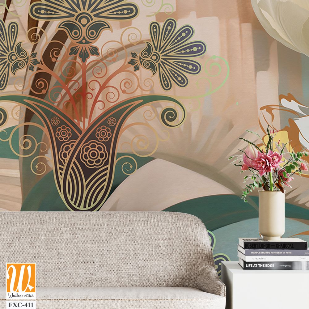 Abstract art painting of white tulips, boho colors Wallpaper [WP-FXC-411]