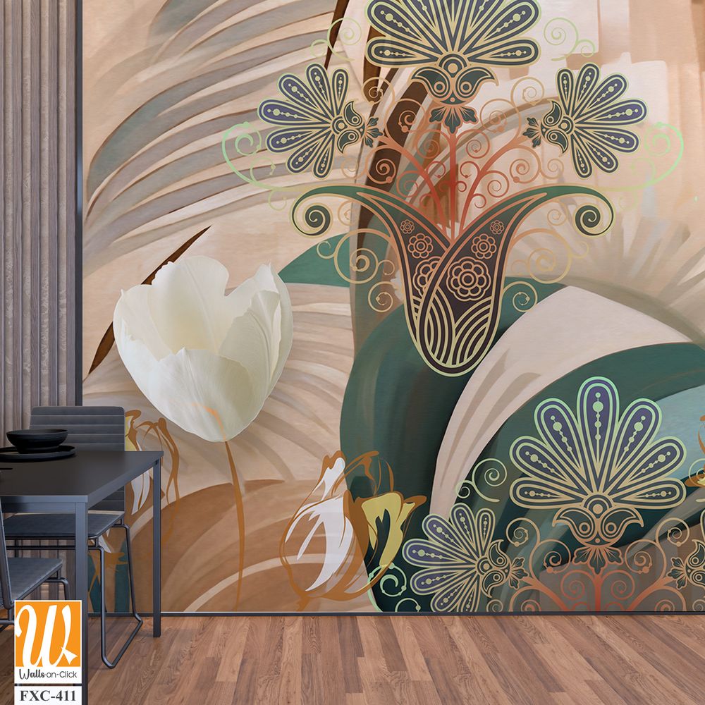 Abstract art painting of white tulips, boho colors Wallpaper [WP-FXC-411]