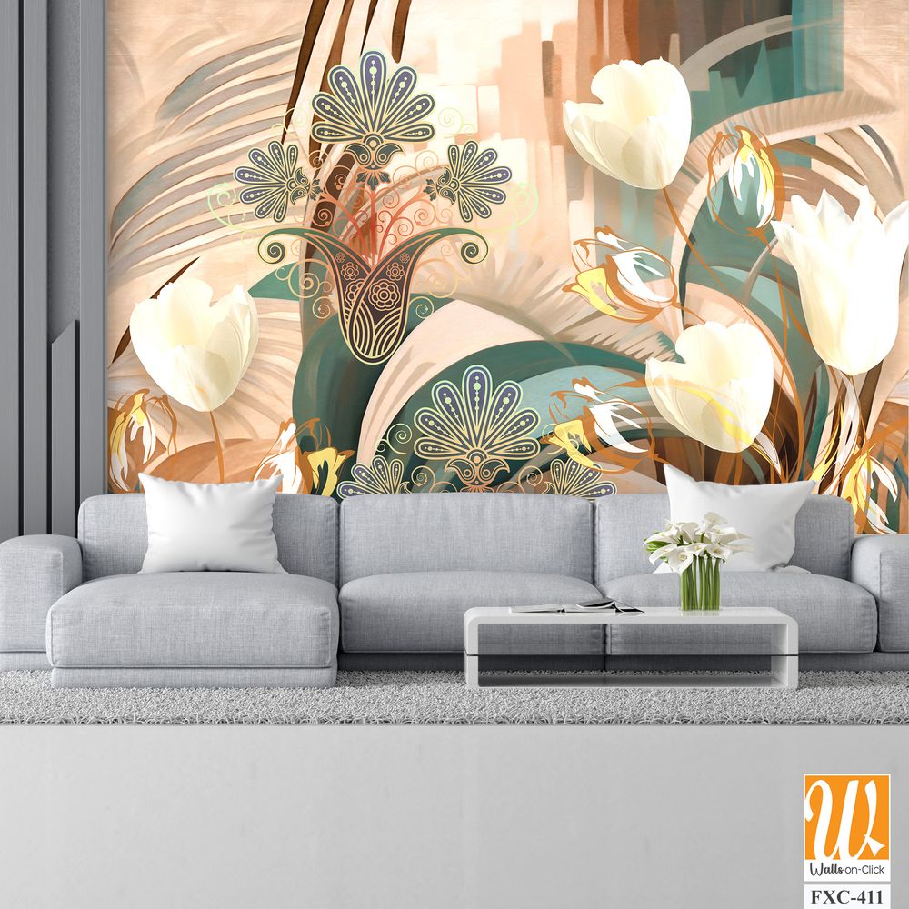 Abstract art painting of white tulips, boho colors Wallpaper [WP-FXC-411]