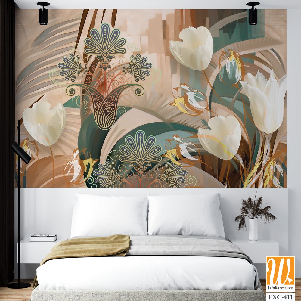 Abstract art painting of white tulips, boho colors Wallpaper [WP-FXC-411]