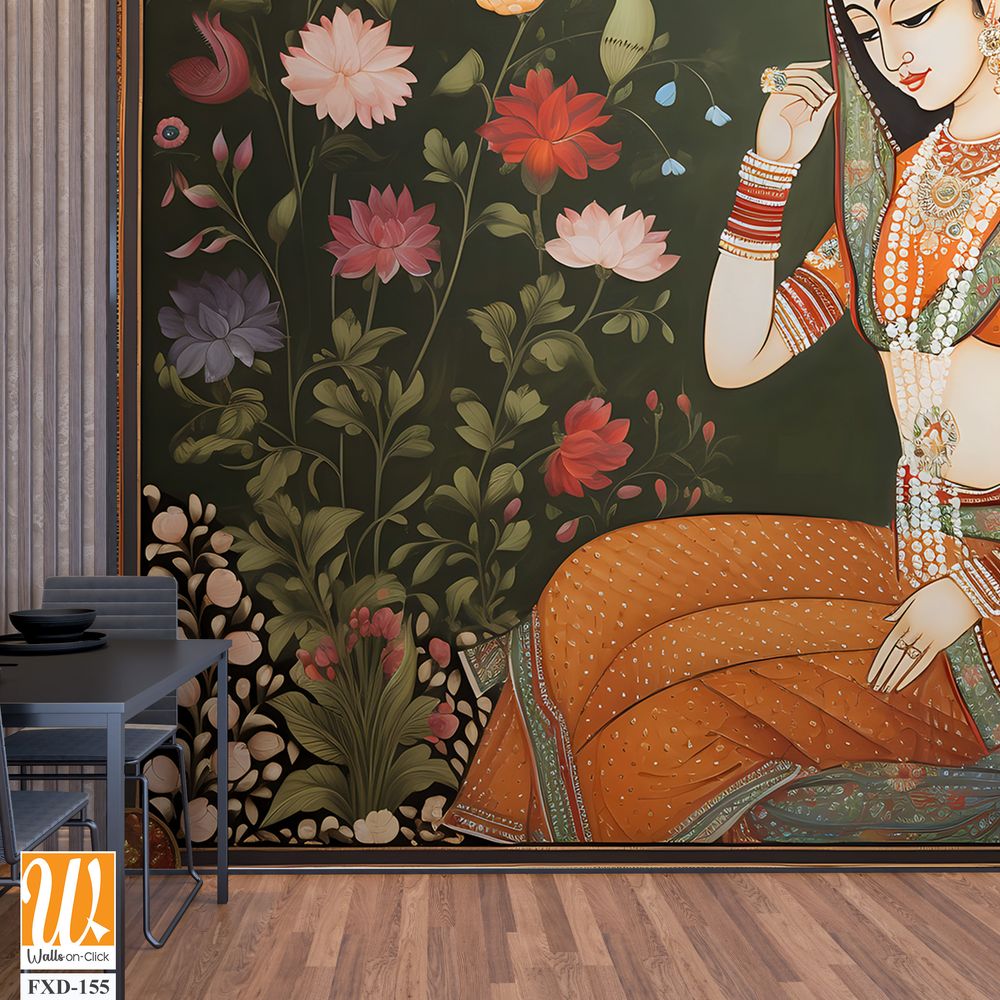Indian woman around vibrant floral motifs Wallpaper [WP-FXD-155]