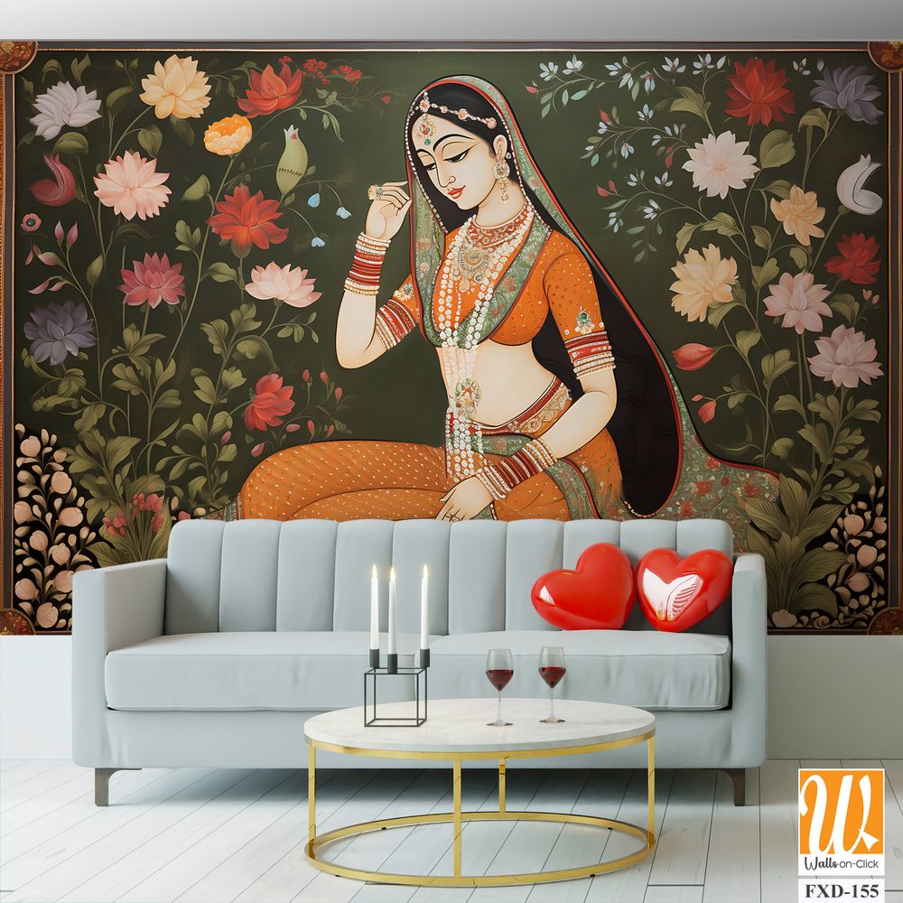 Indian woman around vibrant floral motifs Wallpaper [WP-FXD-155]