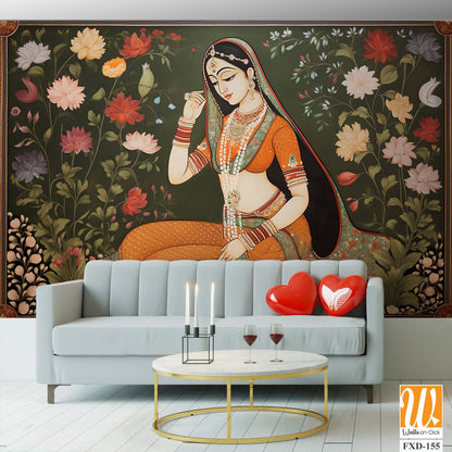 Indian woman around vibrant floral motifs Wallpaper [WP-FXD-155]