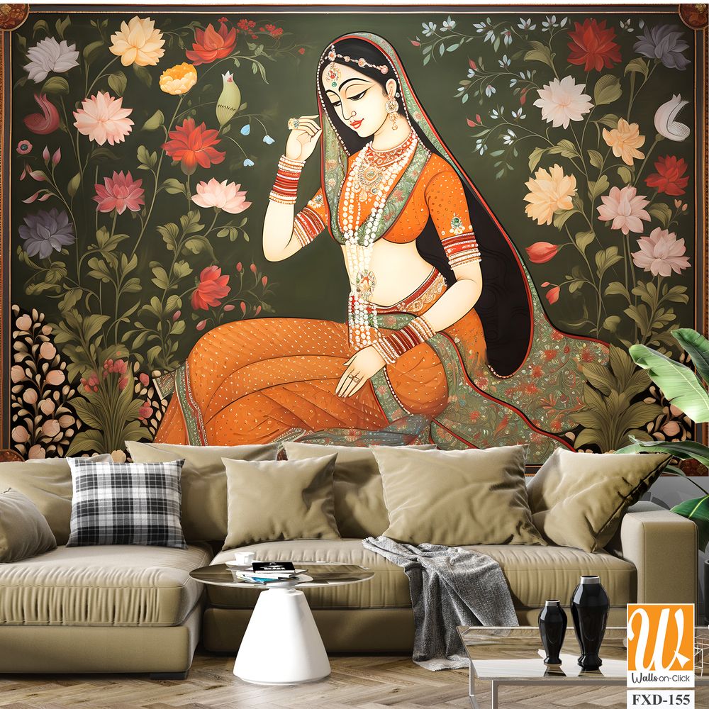 Indian woman around vibrant floral motifs Wallpaper [WP-FXD-155]