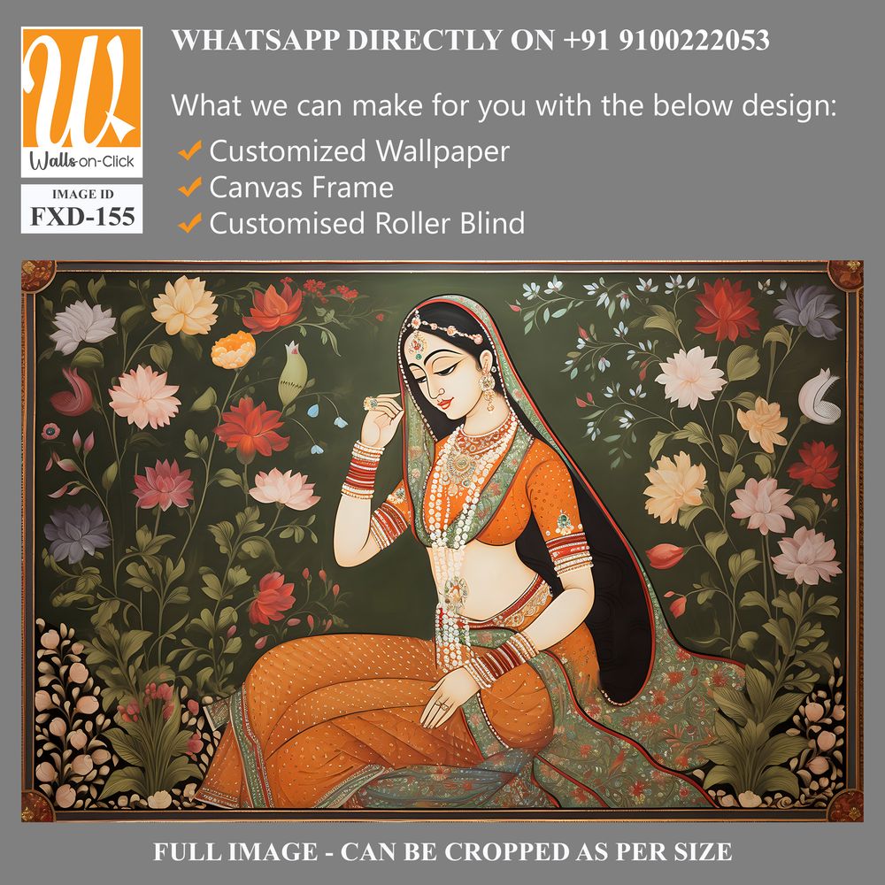Indian woman around vibrant floral motifs Wallpaper [WP-FXD-155]