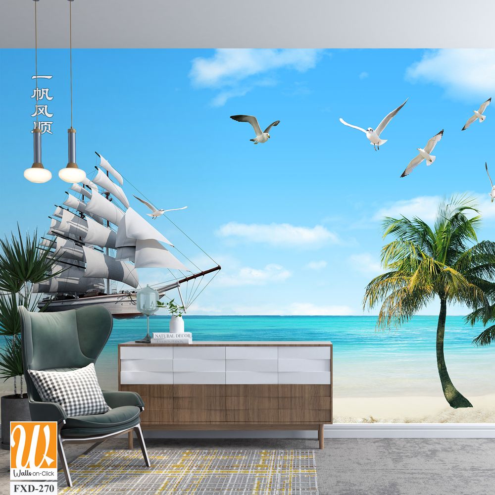 3D wallpaper of a ship and white beach with palm trees [WP-FXD-270]