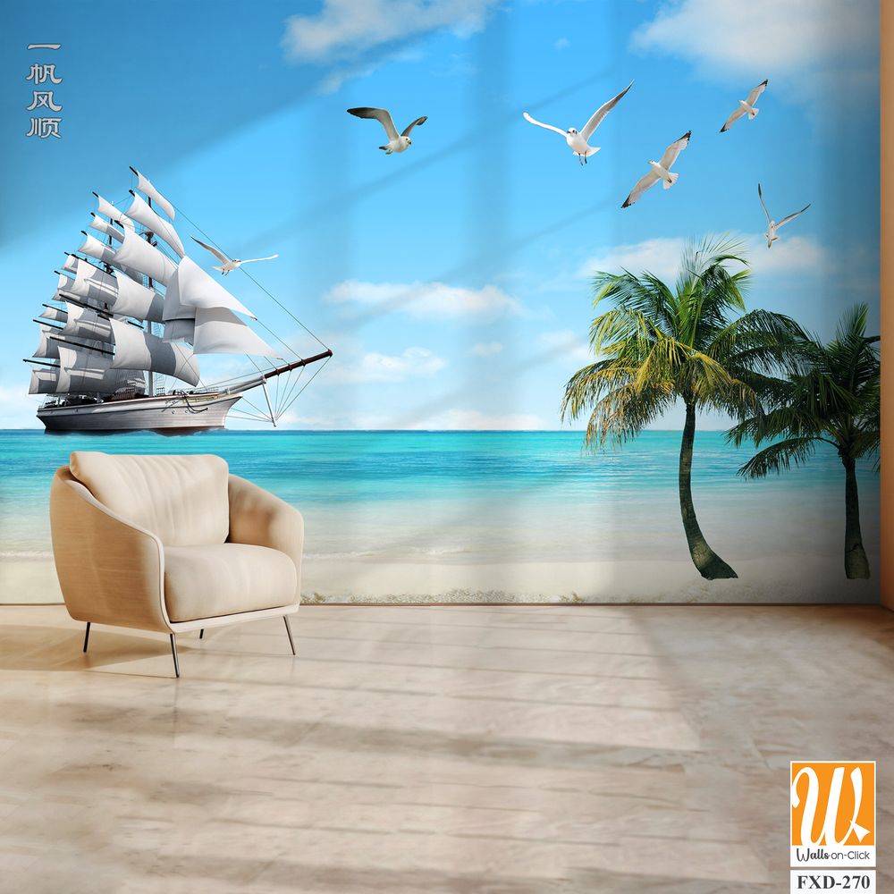 3D wallpaper of a ship and white beach with palm trees [WP-FXD-270]