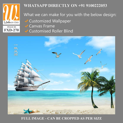 3D wallpaper of a ship and white beach with palm trees [WP-FXD-270]