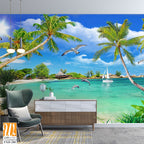 3D wallpaper featuring a beach with palm trees, seashells, and birds [WP-FXD-280]