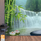 3D bamboo forest waterfall and stone background wall mural Wallpaper [WP-FXD-285]
