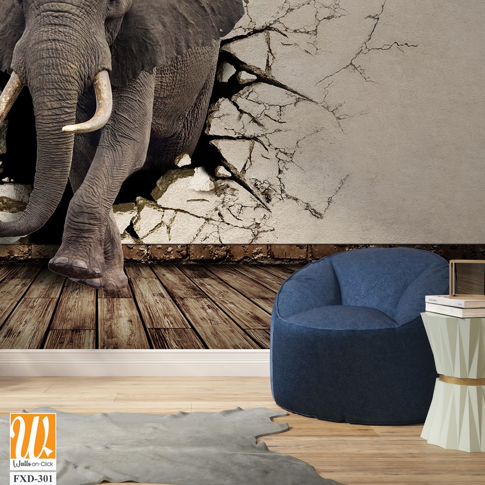 3D elephant emerging from a cracked wall mural Wallpaper [WP-FXD-301]