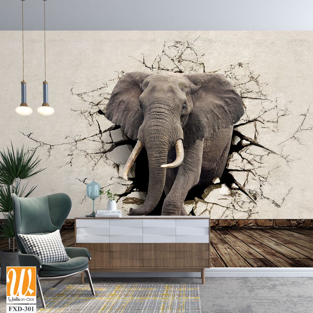 3D elephant emerging from a cracked wall mural Wallpaper [WP-FXD-301]