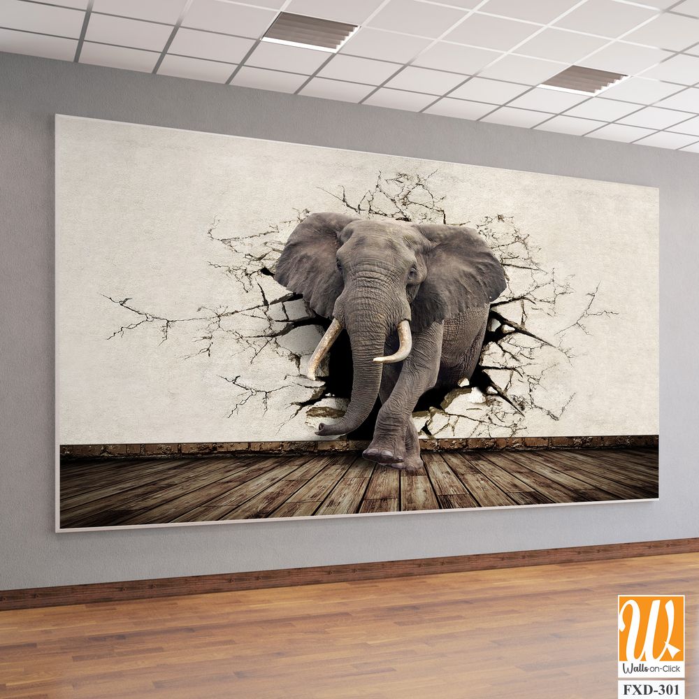 3D elephant emerging from a cracked wall mural Wallpaper [WP-FXD-301]