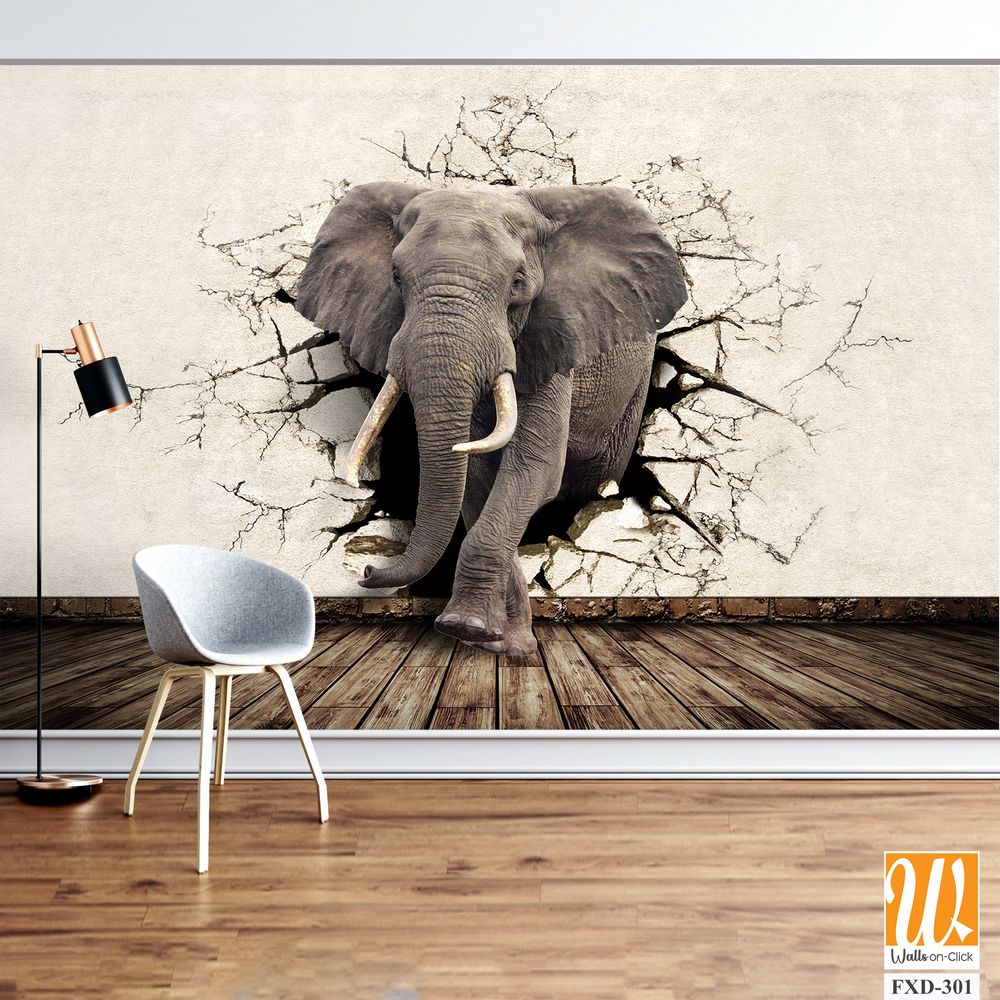 3D elephant emerging from a cracked wall mural Wallpaper [WP-FXD-301]