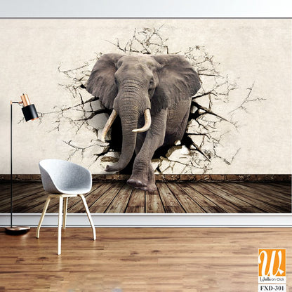 3D elephant emerging from a cracked wall mural Wallpaper [WP-FXD-301]